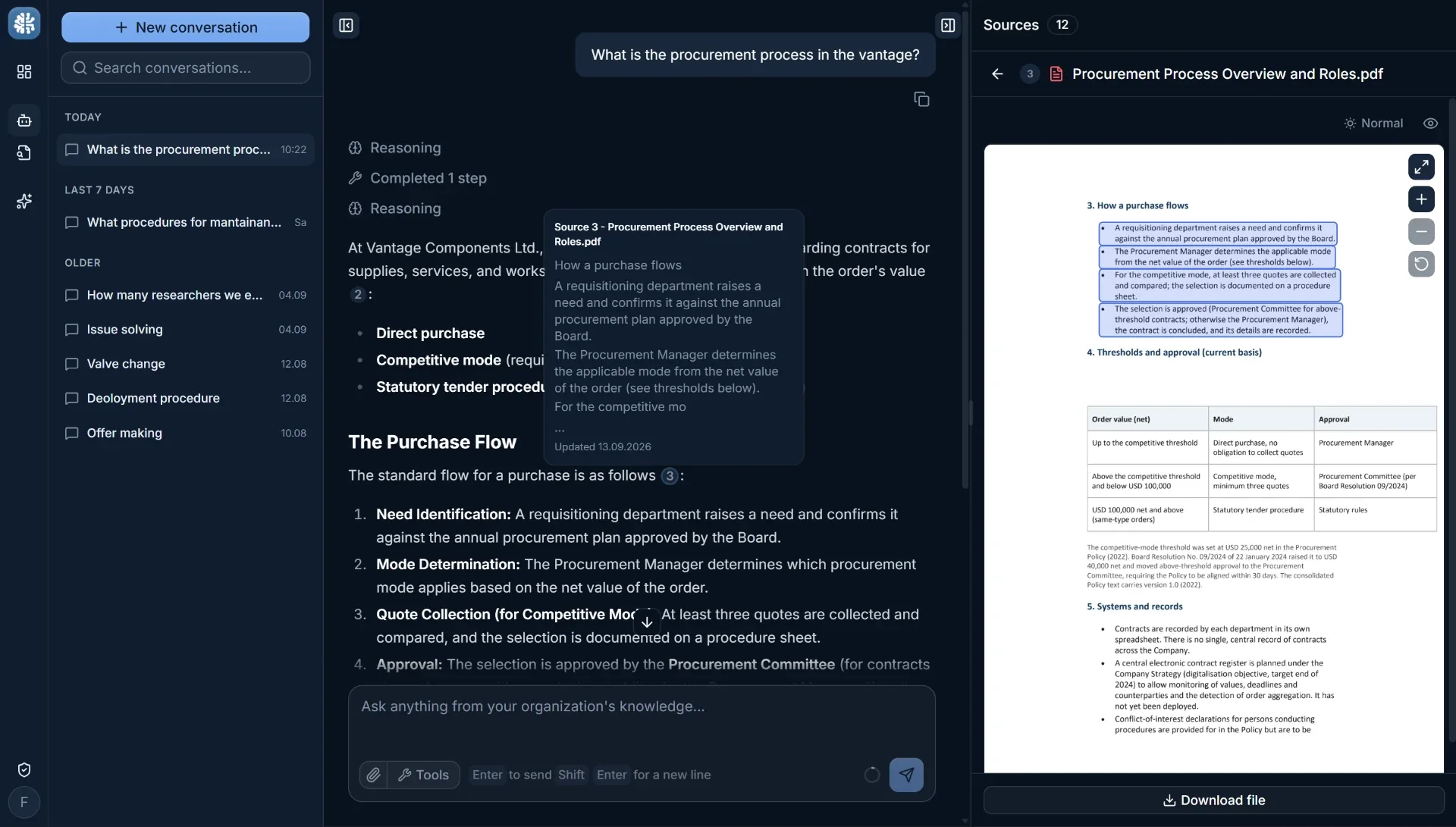 CortexMine interface: an answer with numbered citations and the source document open at the cited passage.
